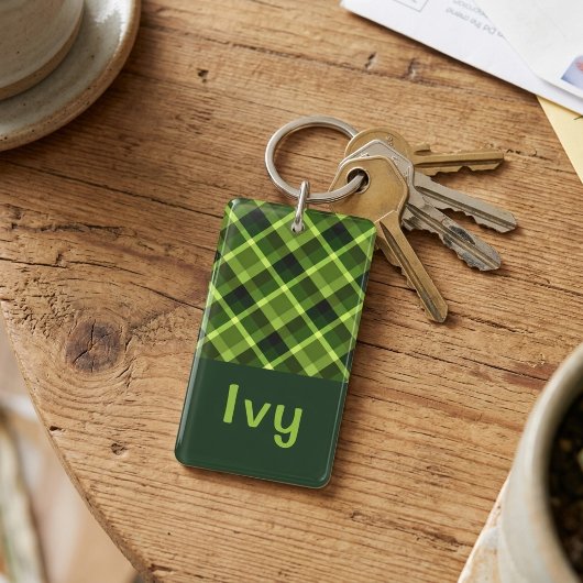 Porte-clés rectangle monogrammé à carreaux vert po