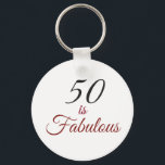 Porte-clés Red & Black "50 is Fabulous" 50th Birthday Party K<br><div class="desc">Un porte - clé d'anniversaire coloré et amusant "50 is Fabulous" pour vous aider à célébrer ce jalon tous les jours! Le texte est imprimé à l'aide de typographie à la mode dans les polices de coordination rouge et noir. Des accessoires de fête correspondants sont disponibles.</div>