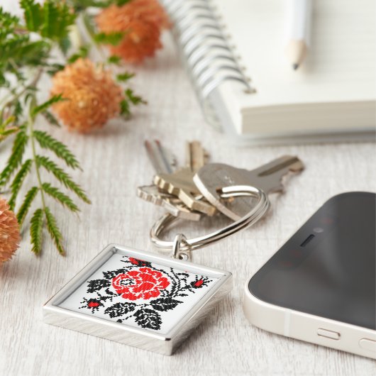 Porte-clés Red & Black Rose cross-stitch Russian Pattern (Côté)