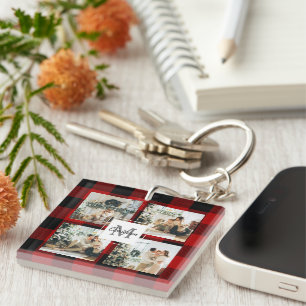 Porte-clés Red Buffalo Plaid & Collage Photo Avec Initiale