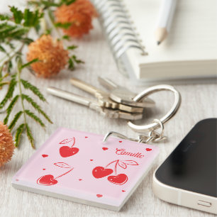 Porte-clés Red Cherry Hearts Whimsical Nom mignon Acrylique