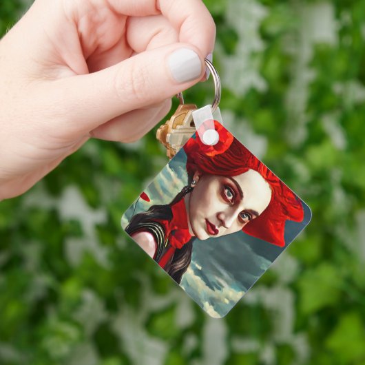 Porte-clés Red Head Poppy Flower Lady imaginaire art (main)