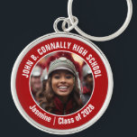 Porte-clés Red Marching Band Photo High School Spirit<br><div class="desc">Ce cool customisé au lycée marching band photo présente la typographie blanche de votre équipe et le nom du joueur sur un porte - clé de brag rouge pour les parents. Personnalisez avec la photo de votre élève et l'année de classe comme un parent fier. Maman et papa peuvent les...</div>
