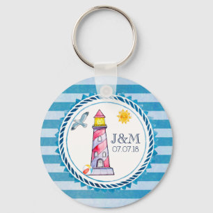 Porte-clés Red Striped Watercolor Lighthouse Wedding