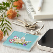 Porte-clés Renard Fennec Fleurs Rose Violet Mignon Bleu Botan (Devant Droit)