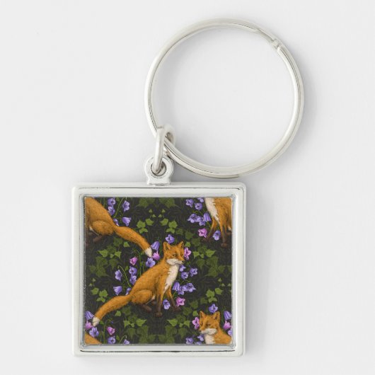 Porte-clés Renard, fleurs et lierre, vert, orange et viole (Devant)