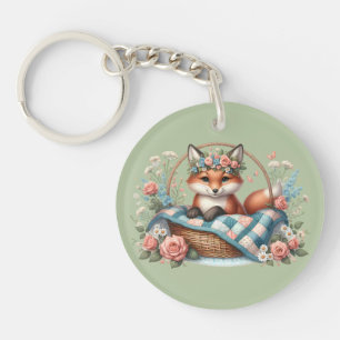 Porte-clés Renard floral dans un panier avec courtepointe et