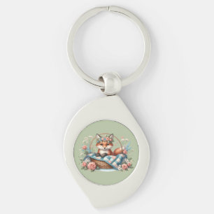 Porte-clés Renard floral dans un panier avec courtepointe et