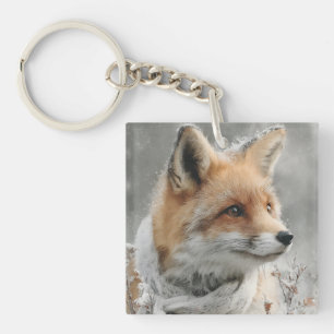 Porte-clés Renard roux portant une écharpe tricotée dans un h