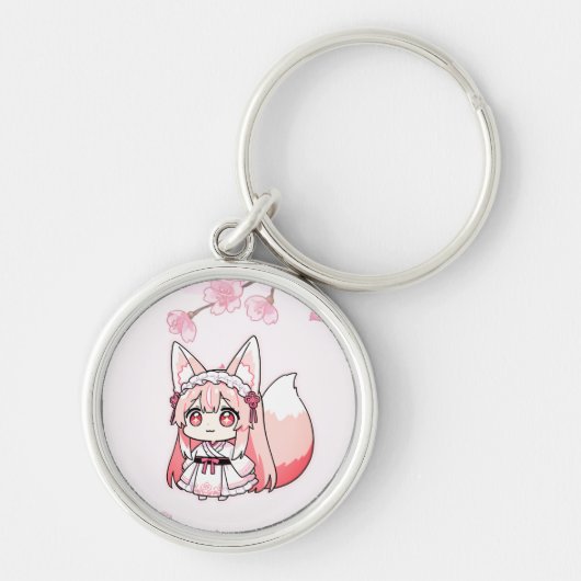 Porte-clés Renarde Chibi Rose Pastel avec Fleur de Cerisier (Devant)