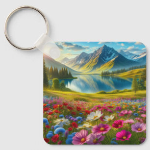 Porte-clés Ressort coloré/lac de montagne fleuri