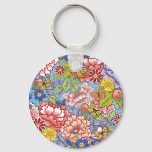 Porte-clés Ressort floral avec des pivoines et des papillons