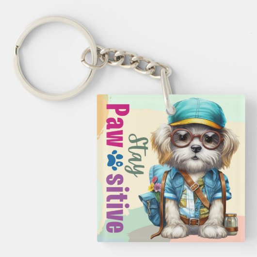 Porte-clés Restez Pawsitive Cube Chien Portant Le Sac À Dos (Devant)