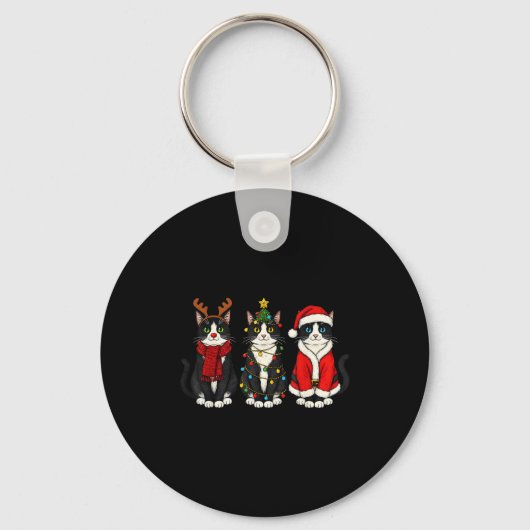 Porte-clés Retro Christmas Tuxedo Cat Santa Reindeer (Recto)
