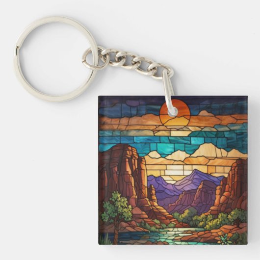 Porte-clés Retro desert scene Sedona mountains stainglass art (Devant)