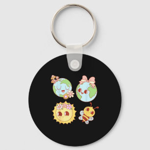 Porte-clés Rétro groovy floral cœur jour de la terre environn