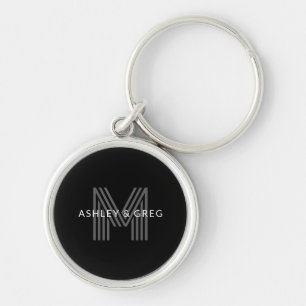 Porte-clés Retro Moderne Nom/s Monogramme modifiable Noir et 