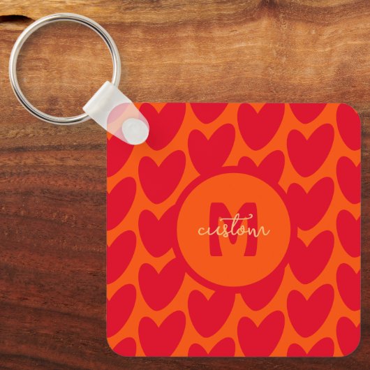 Porte-clés Retro Orange Super Red Hearts Nom sur Monogramme (Recto)