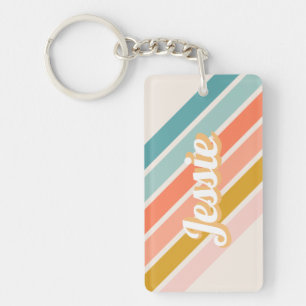 Porte-clés Retro Pastel Rainbow Nom personnalisé
