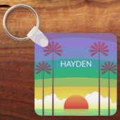 Porte-clés Retro Purple Sunset Palm Trees Art Personalised (Recto)