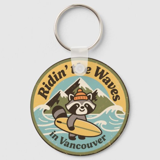 Porte-clés Retro Vancouver Surfing Raccoon (Recto)