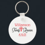 Porte-clés Réunion de l'arbre de famille d'événements moderne<br><div class="desc">Créez un bouton de conservation de la mémoire pour votre prochaine réunion de famille. Design moderne rouge,  blanc et noir avec mise en page style typographie,  Dispose d'un arbre de famille avec un coeur au milieu de l'arbre. Ajoutez votre nom et la date de votre événement de réunion.</div>