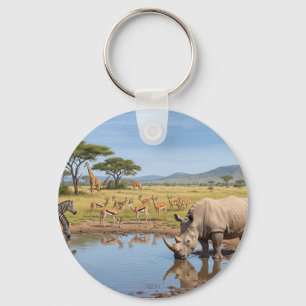 Porte-clés Rhinocéros buvant au point d'eau dans la savane Ph