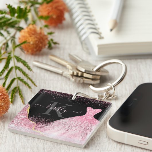 Porte-clés Robe rose clair Parties scintillant Monogramme (Devant Droit)