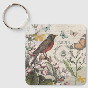 Porte-clés Robin Elegant Bird Butterfly French Art