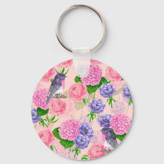 Porte-clés Robin et fleurs, motif aquarelle (Recto)