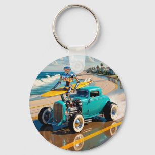 Porte-clés Robot vintage avec planche de surf, sur la plage
