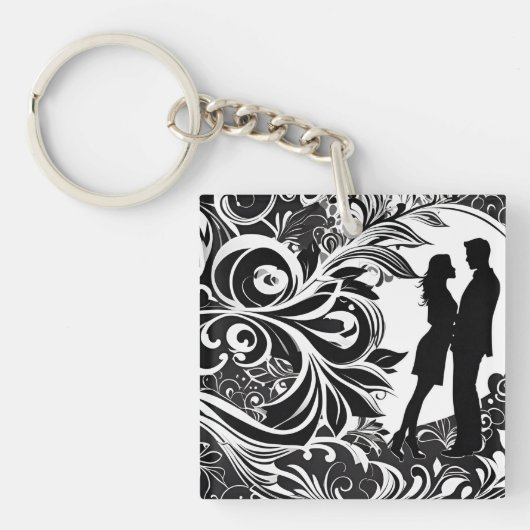 Porte-clés Romantique Noir & Blanc Floral Silhouette Couple (Devant)