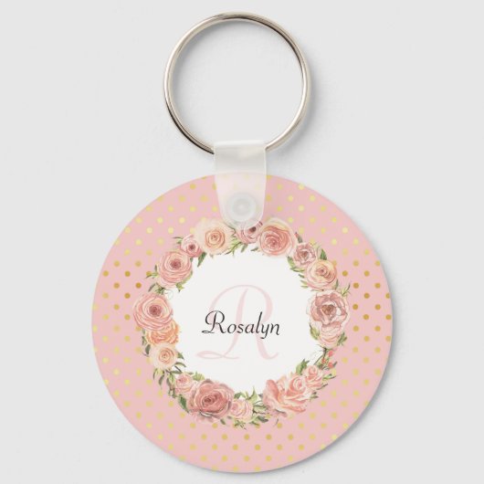 Porte-clés Romantique or pointillé Rose Floral Nom monogrammé (Recto)