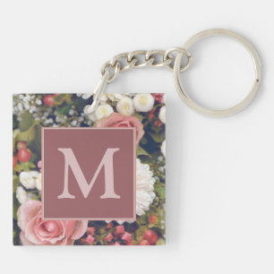 Porte-clés Romantique Roses Rose Bouquet de fleurs Monogramme