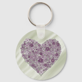 Porte-clés rond en forme de cœur à fleurs violette