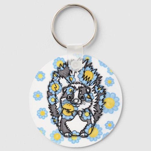 Porte-clés rond Mouffette Mignonne avec Fleurs Ble (Recto)