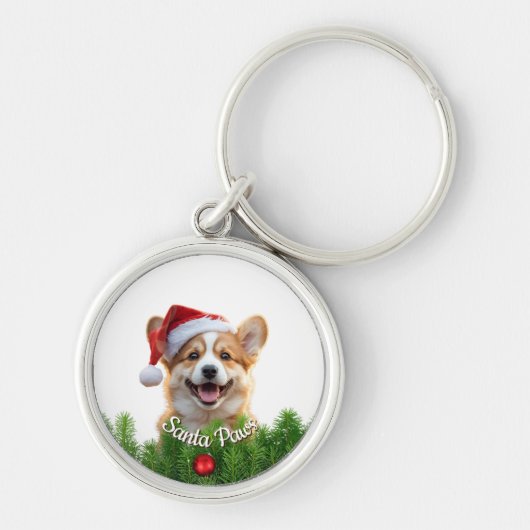 Porte-clés rond personnalisé – Santa Paws Corgi (Devant)