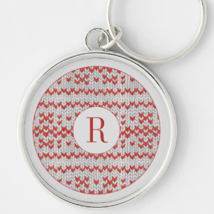 Porte-clés rond premium RED NORDIC KNIT + Initiale