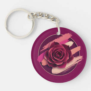 Porte-clés Rose Bourguignonne Élégante aux Traits de Pinceau