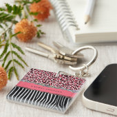 Porte-clés Rose Chaud Unique Paillettes Imprimé Léopard Luxe (Devant Droit)