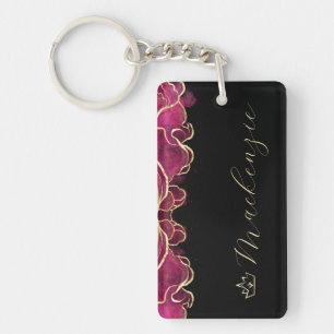 Porte-clés Rose Chaude et Or Élégant Script Personnalisé