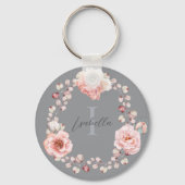 Porte-clés Rose d'aquarelle Wreath personnalisée | Gray (Recto)
