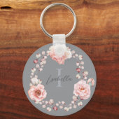 Porte-clés Rose d'aquarelle Wreath personnalisée | Gray (Recto)
