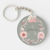 Porte-clés Rose d'aquarelle Wreath personnalisée | Vert sage (Devant)