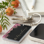 Porte-clés Rose et Or Élégant Script Personnalisé (Devant droit)