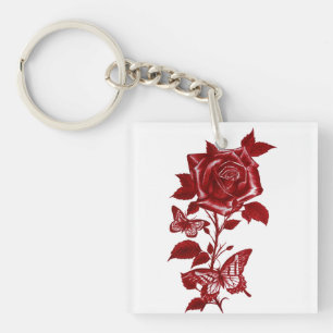 Porte-clés Rose et Papillons à l'Encre Rouge Romantique Graph