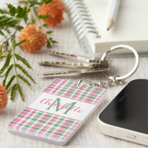 Porte-clés Rose et Vert à Carreaux Monogramme Élégant
