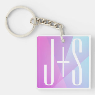 Porte-clés Rose et violet géométrique cool Initiales de cou