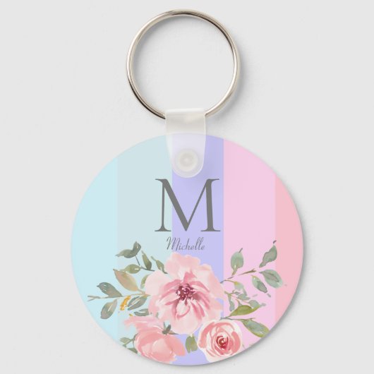 Porte-clés Rose girly bleu rayé floral monogramme  (Recto)