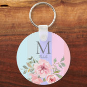 Porte-clés Rose girly bleu rayé floral monogramme  (Recto)